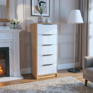Sunvega 42 Inch High Five Drawer Vertical Dresser in White and Light Oak