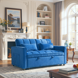 Sunvega Pink Velvet Convertible Sofa Bed with Reclining Backrest and Storage Pockets