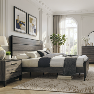 Sunvega Weathered Grey Finish Wood Queen Size Bedroom Set with Dresser Mirror