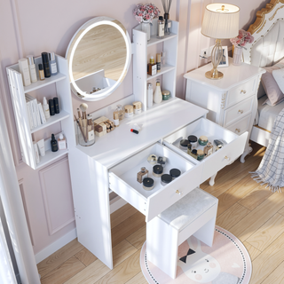 Sunvega 17 Inch Round LED Vanity Table Set with Mirror Touch Switch and Stool