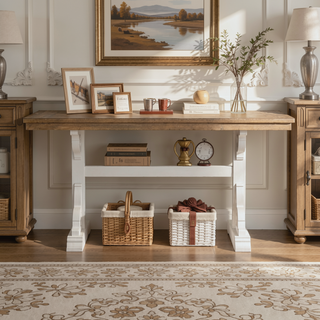 Sunvega Farmhouse Style Brown and White Trestle Gathering Table for Dining Room