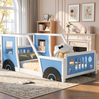 Sunvega Twin Size Blue Classic Car-Shaped Platform Bed with Wheels