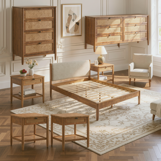 Sunvega 6-Piece Rubberwood Bedroom Set with Queen Bed Dresser Mirror Nightstands Chest