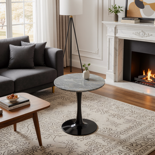 Sunvega Round White Pedestal Side Table with Marble Effect Top for Living Room