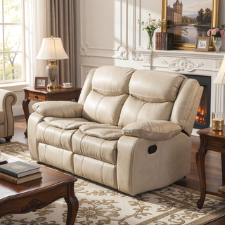 Sunvega Cream Breathable Leather Manual Reclining Sofa with Pillow Top Arm Cushions