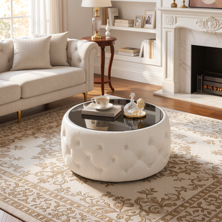 Sunvega Modern Glam Velvet Ottoman with Tempered Glass Top and Button Tufting