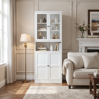 Sunvega Modern Kitchen Pantry Cabinet with Glass Doors and Adjustable Shelves for Living Room