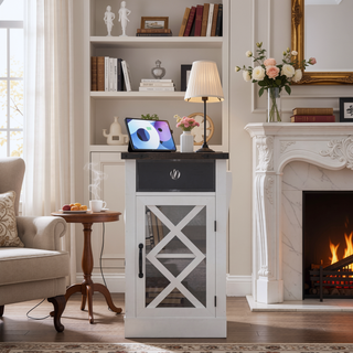 Sunvega Farmhouse End Table with Charging Station and Adjustable Shelf for Bedroom