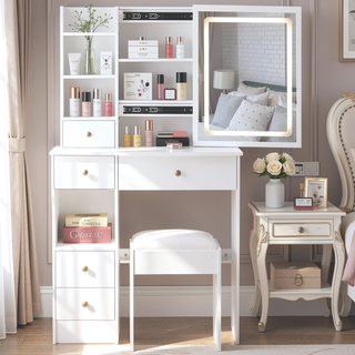 Sunvega Small Size Left Drawer Vanity Table with Cushioned Stool and LED Mirror