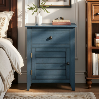 Sunvega Antique Blue Veneer Transitional Nightstand with Storage Drawer and Cabinet