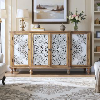 Sunvega Handmade Hollow-Carved Accent Cabinet with Adjustable Shelf Distressed Wood