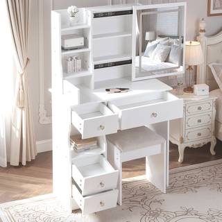 Sunvega Small Size Left Drawer Vanity Table with Adjustable LED Mirror and Stool
