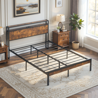 Sunvega Modern Metal Platform Bed Frame with Wooden Headboard and Footboard for Queen Size