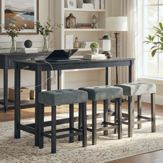 Sunvega 59 Inch Bar Table Set with Power Outlet and 3 Upholstered Stools for Kitchen