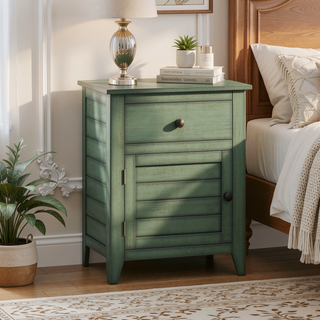 Sunvega Antique Green Veneer Nightstand with Storage Drawer and Cabinet for Bedroom