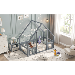 Sunvega Twin Wood House Floor Bed with Guardrail Fence in Grey
