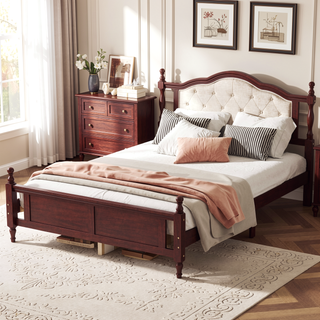 Sunvega Queen Pine Wooden Bed with Upholstered Headboard and Panel Footboard