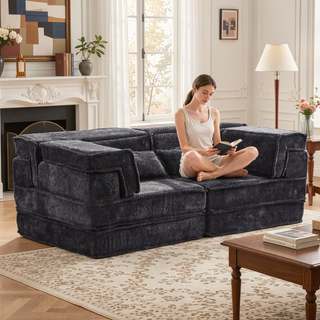 Sunvega Convertible Modular Sectional Mahjong Sofa Bed with Ottoman in Circle Fleece Fabric