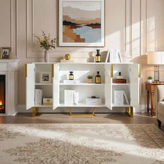 Sunvega Modern White Kitchen Cabinet with Four Doors Metal Handles Adjustable Shelves