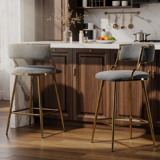 Sunvega Set of 2 Grey Corduroy Bar Stools with Back Golden Chromed Base and Footrest