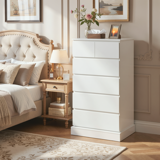 Sunvega Modern White 6 Drawer Tall Dresser with Concealed Handles for Bedroom