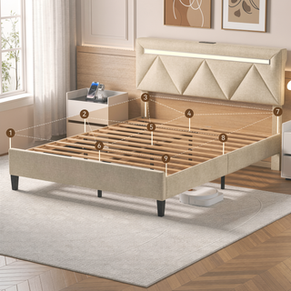 Sunvega Full Bed Frame with Headboard Upholstered Platform Charging Station LED Lights