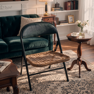 Sunvega Rattan Collapsible Chair Set of 4 with Black Steel Frame and Natural Woven Design