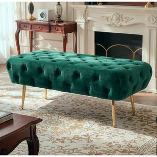 Sunvega Green Velvet Button Tufted Bench with Gold Metal Legs for Bedroom