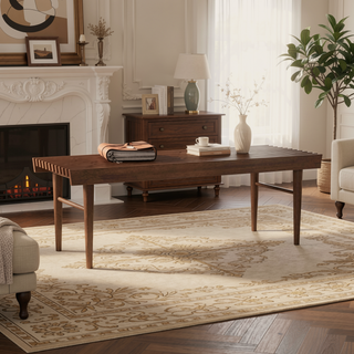 Sunvega Mid Century Modern Solid Wood Bench with Walnut Stain Finish for Living Room
