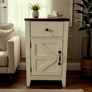 Sunvega Farmhouse End Table with Charging Station, Barn Door, and Drawer for Bedroom