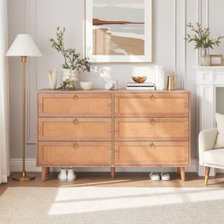 Sunvega Modern 6-Drawer Double Dresser with Rattan Drawers for Bedroom Storage