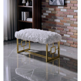 Sunvega Gold Finish Metal Base Armless Backless Lounge Bench with White Faux Fur