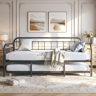 Sunvega Twin Size Victorian Style Metal Daybed Frame with Trundle Set for Guest Room