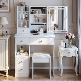 Sunvega Small Size Left Drawer Vanity Table with Cushioned Stool and LED Mirror