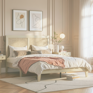 Sunvega Solid Wood Queen Bed Frame with Rattan Headboard and Silent Slats