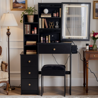Sunvega Small Space Left Bedside Cabinet Vanity Table with Cushioned Stool and Sliding Mirror