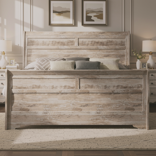 Sunvega White Wash Finish King Sleigh Bed Dresser Mirror Nightstand Bedroom Set