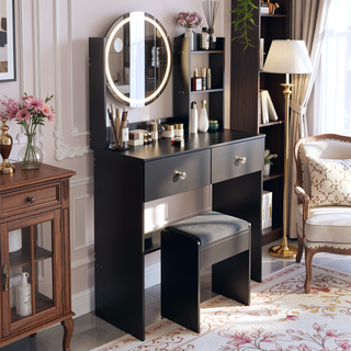 Sunvega 17 Inch Round LED Vanity Mirror Table with Stool Set Touch Switch 3 Colors