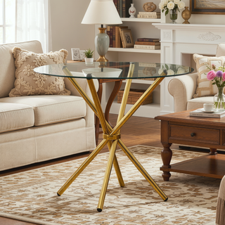 Sunvega Modern Simple Round Clear Glass Dining Table with Gold Metal Legs for 4-6 People