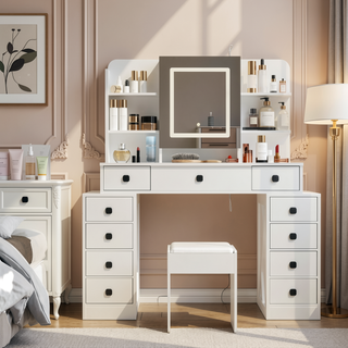 Sunvega White Makeup Vanity Desk with Sliding Mirror Dimmable Lights and Charging Station
