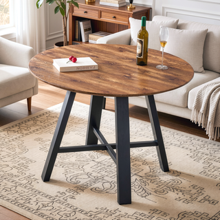 Sunvega Modern Circular Wood Dining Table with Black Metal Legs for Home and Office