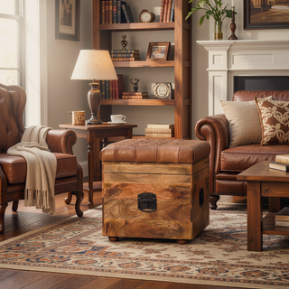 Sunvega Buffalo Hide Leather Upholstered Solid Mango Wood Storage Trunk