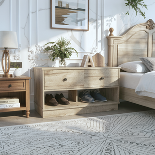Sunvega Light Oak Storage Bench with Two Open Shelves and Two Drawers