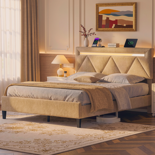 Sunvega Full Bed Frame with Headboard Upholstered Platform Charging Station LED Lights