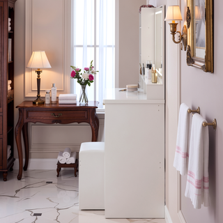 Sunvega 37 Inch Left Bedside Vanity Table with Cushioned Stool and Sliding LED Mirror