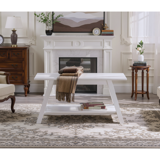 Sunvega White Solid Wood Farmhouse Bench with Storage Shelf for Entryway
