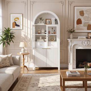 Sunvega Elegant Fluted Tall Arched Pantry Cabinet with Adjustable Shelves