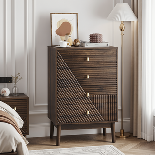 Sunvega Modern Walnut Wooden 4-Drawer Dresser with Metal Knobs for Bedroom