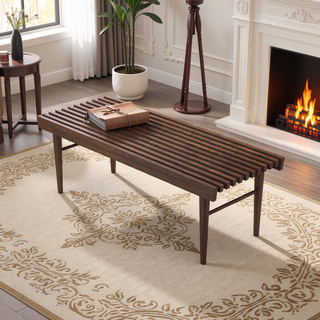 Sunvega Mid Century Modern Solid Wood Bench with Walnut Stain Finish for Living Room