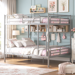 Sunvega Full Over Full Metal Bunk Bed with Chrome Finish and Guardrails